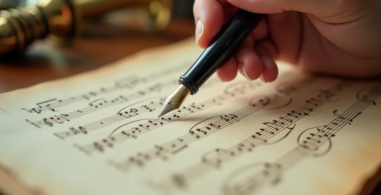 Main de compositeur tenant un crayon au-dessus d'une partition musicale avec des notes manuscrites