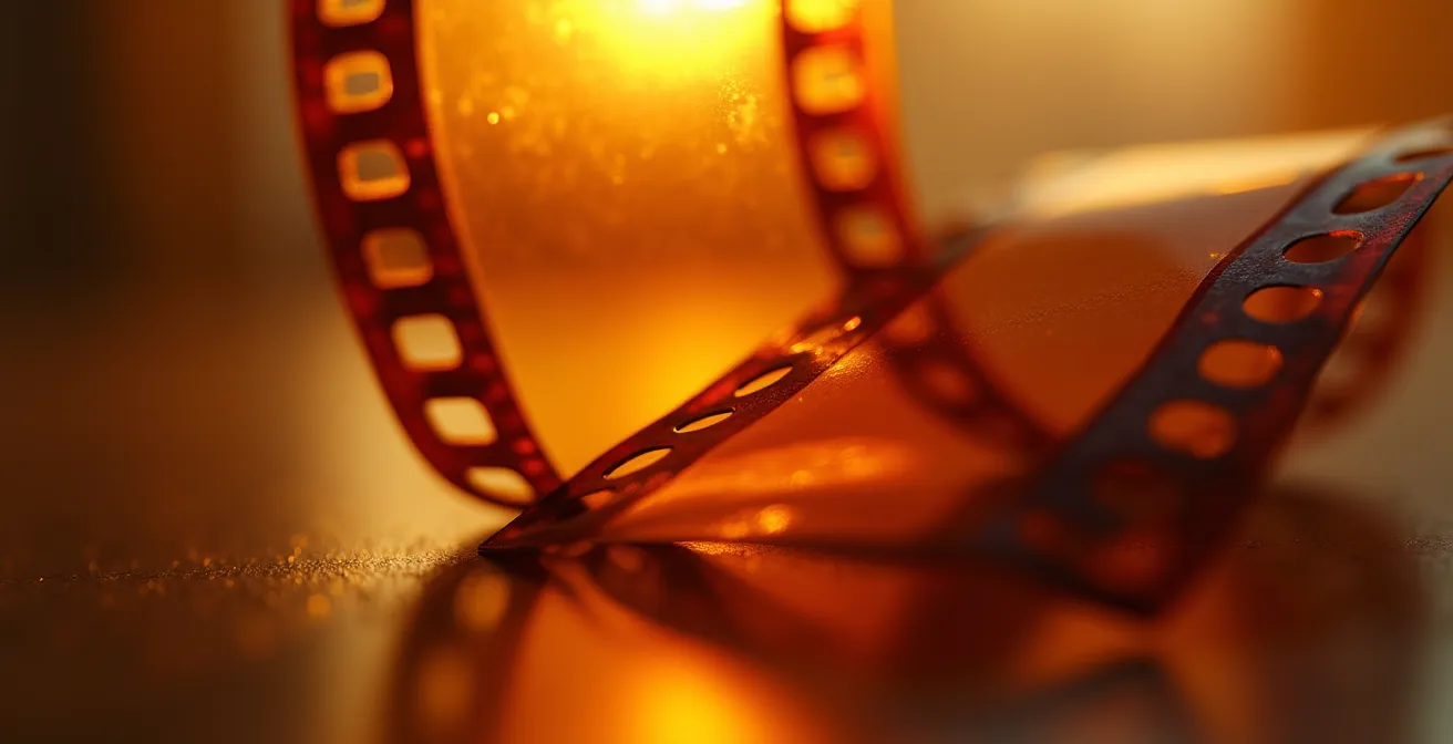 Détail macro d'une pellicule de film 35mm avec reflets dorés et texture granuleuse