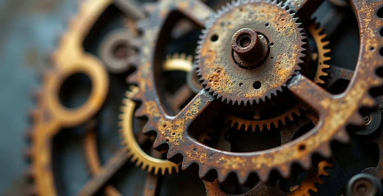 Vue macro d'engrenages mécaniques emmêlés et désynchronisés