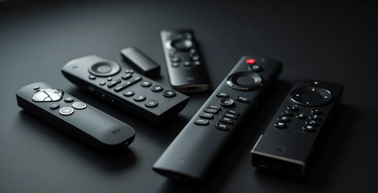 Télécommandes multiples disposées en éventail sur une table basse moderne