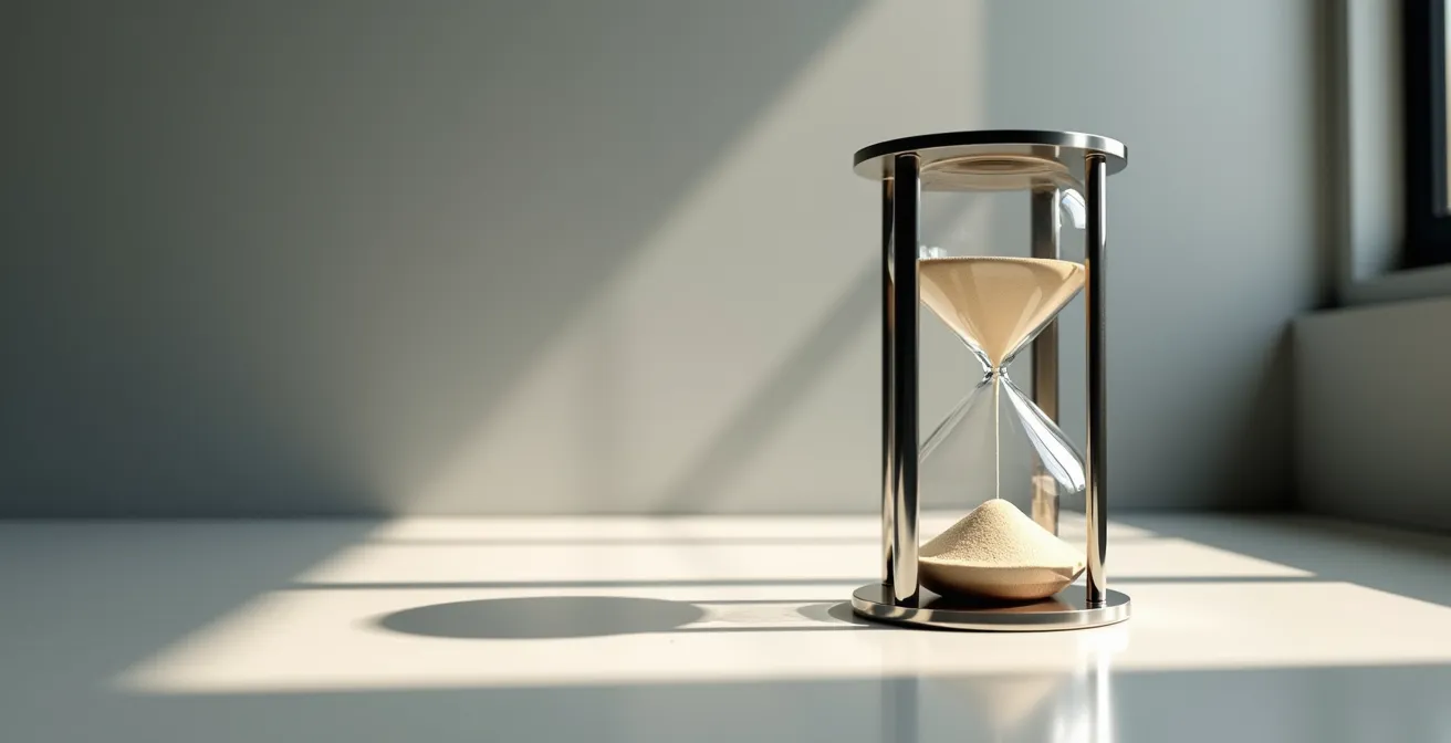 Sablier contemporain en verre et métal sur bureau minimaliste avec lumière naturelle douce