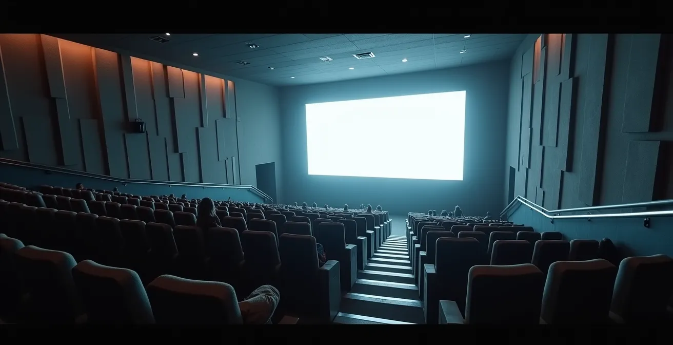 Vue architecturale d'une salle de cinéma moderne montrant l'immersion sensorielle des spectateurs