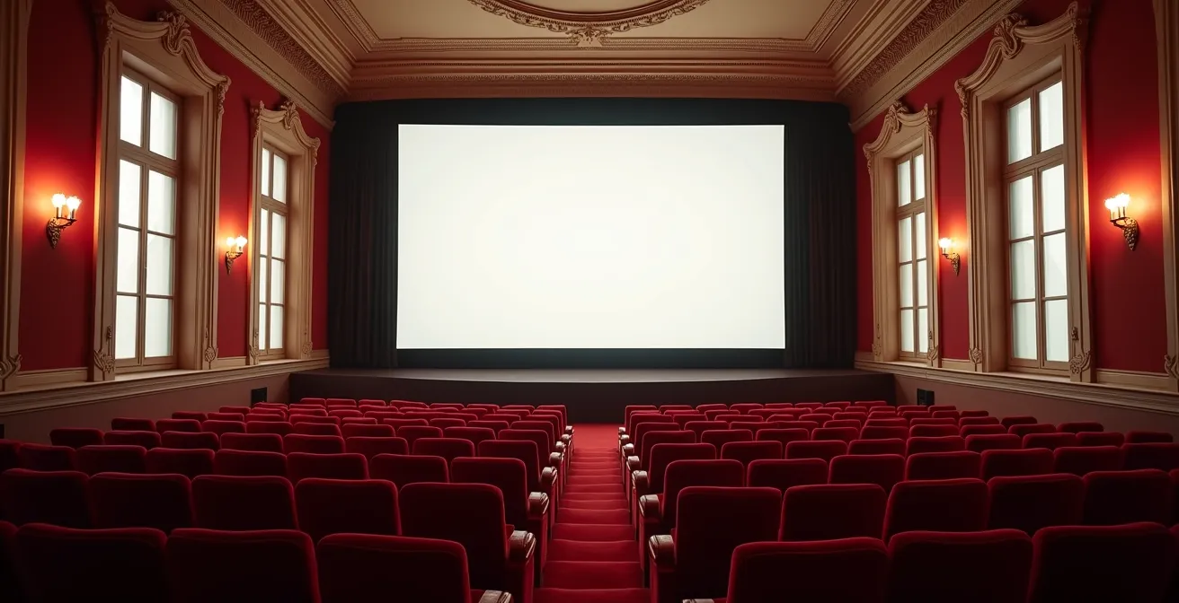 Vue grand angle d'une salle de cinéma Art et Essai française vide avec architecture classique