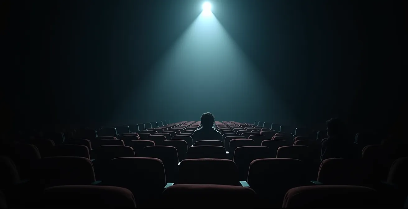 Salle de cinéma aux trois quarts vide avec quelques spectateurs dispersés dans l'obscurité