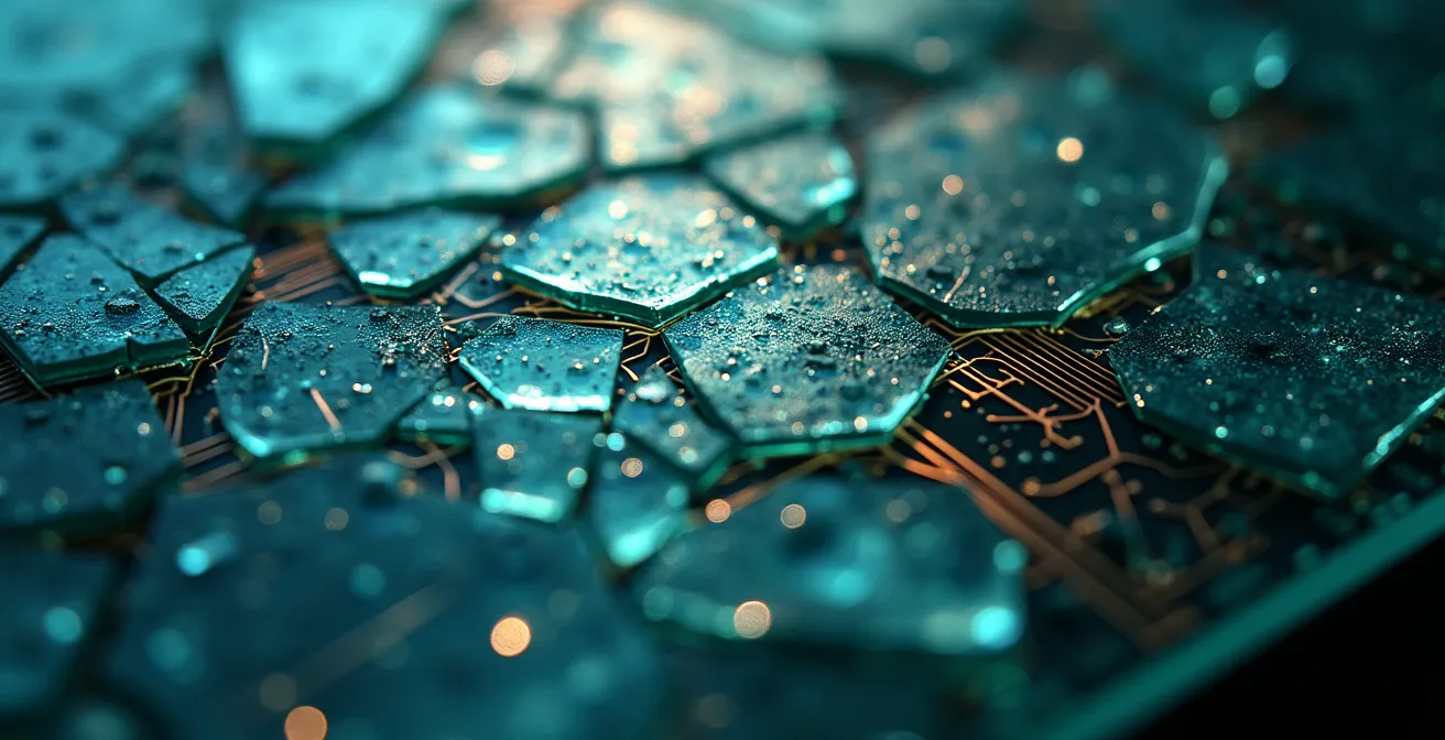 Texture macro d'écrans brisés et circuits électroniques créant un paysage abstrait dystopique