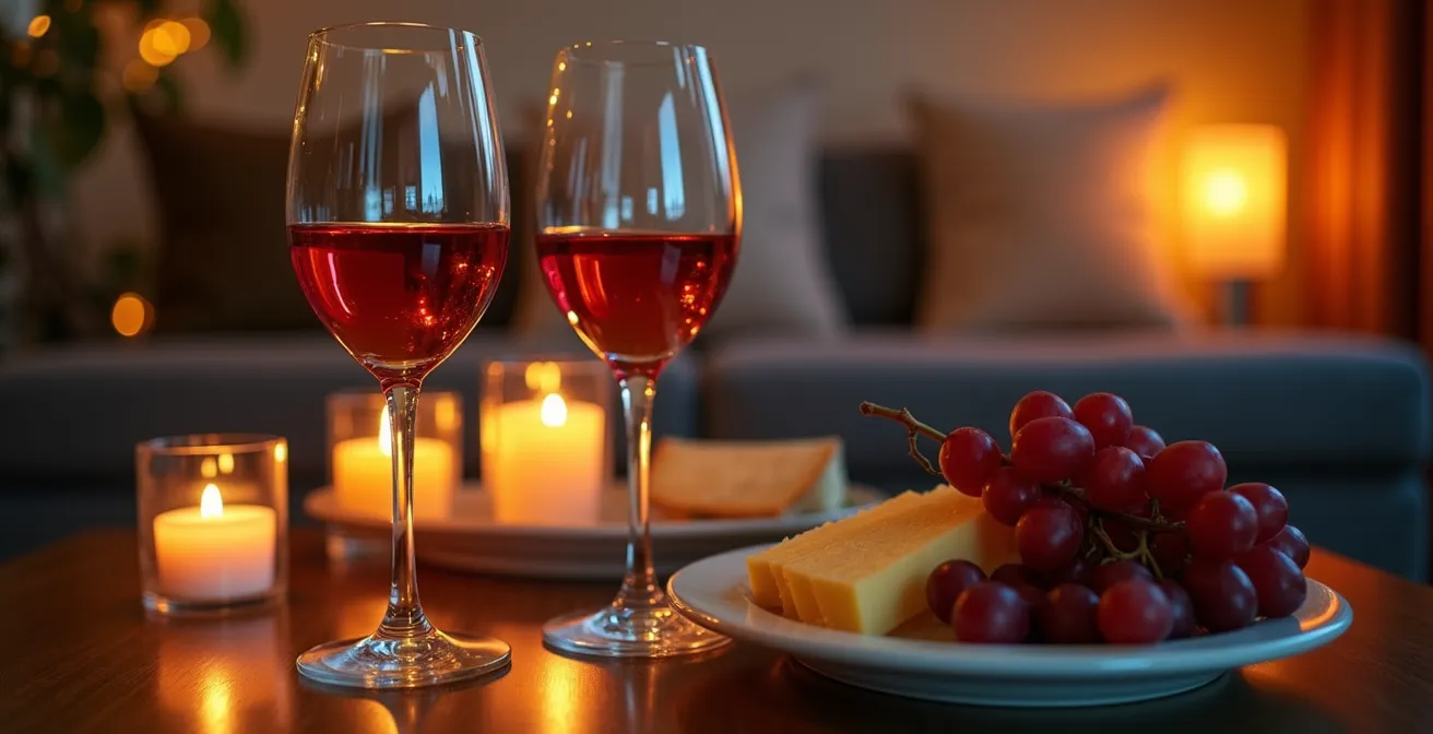 Couple installé confortablement pour une séance cinéma à domicile avec éclairage d'ambiance