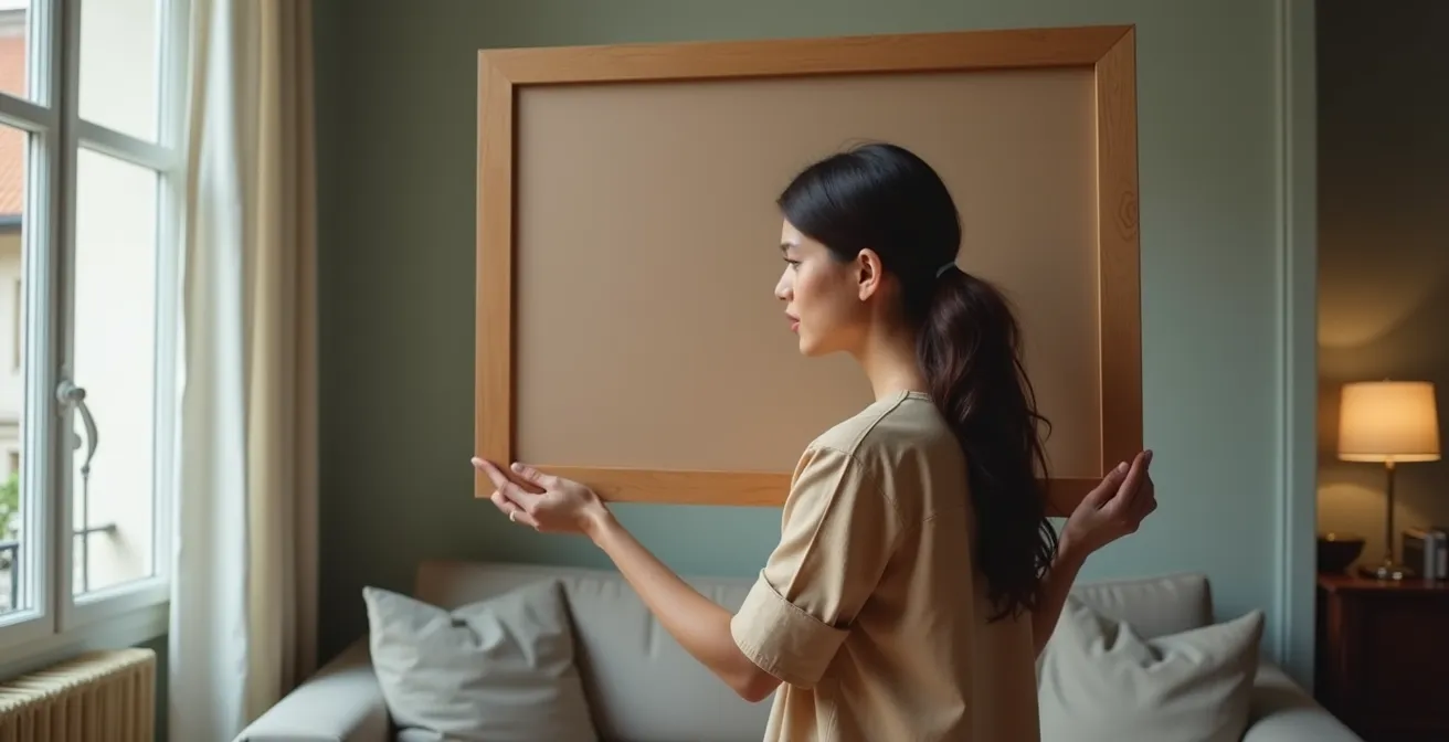 Personne tenant un grand cadre en carton devant un mur de salon pour simuler la taille d'un futur écran