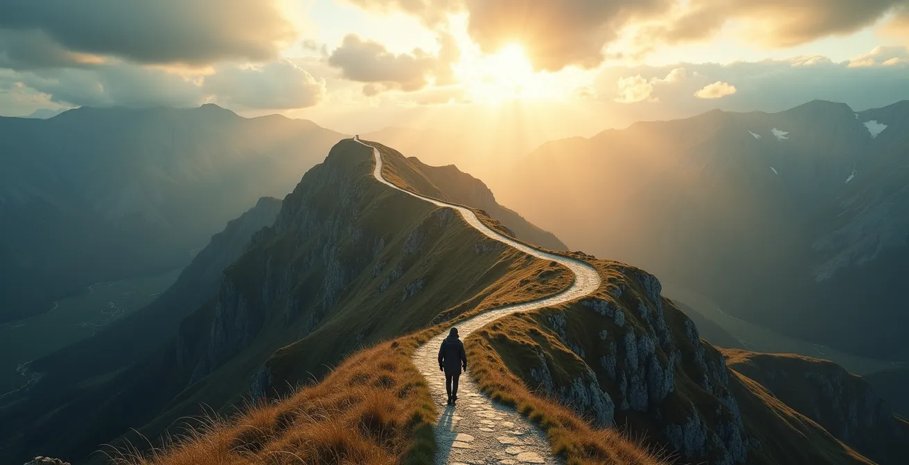 Représentation visuelle des trois trajectoires narratives possibles : un chemin qui monte, un qui descend et un qui reste droit.