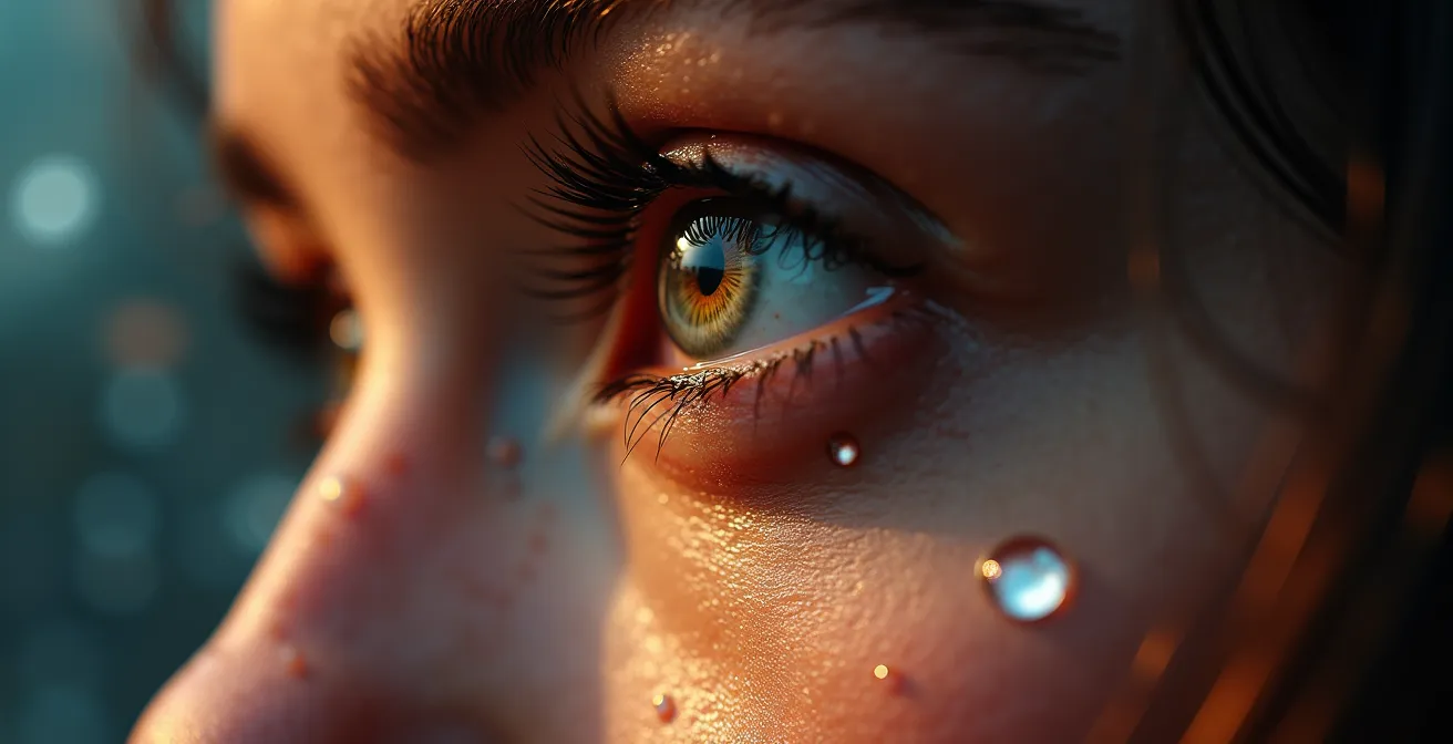 Gros plan sur un visage de spectateur au cinéma montrant des émotions complexes et contradictoires