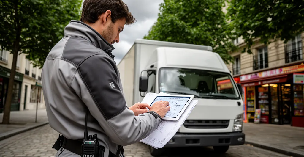 Professionnel en veste technique supervisant l'installation près d'un camion de production