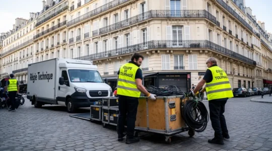 Équipe de tournage cinématographique travaillant dans une rue parisienne avec camions régie stationnés