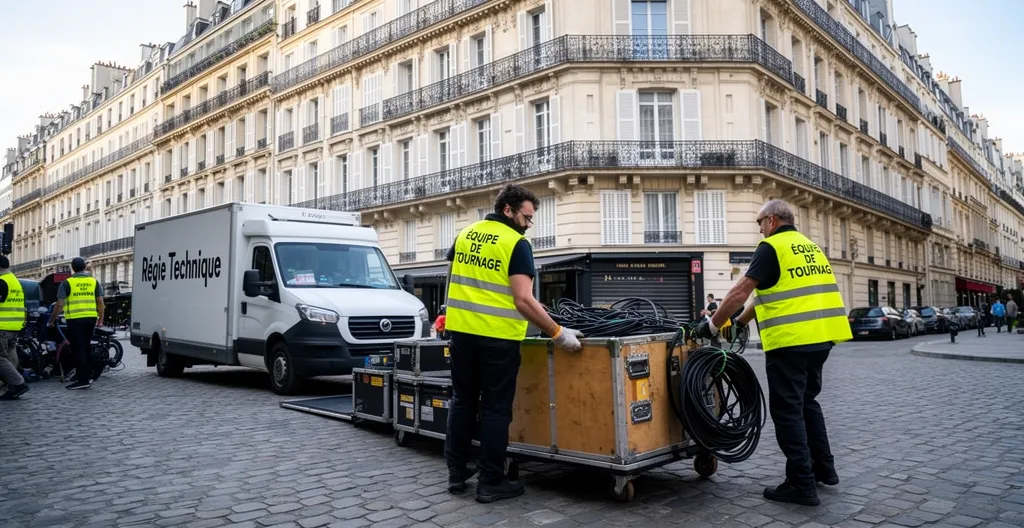 Équipe de tournage cinématographique travaillant dans une rue parisienne avec camions régie stationnés