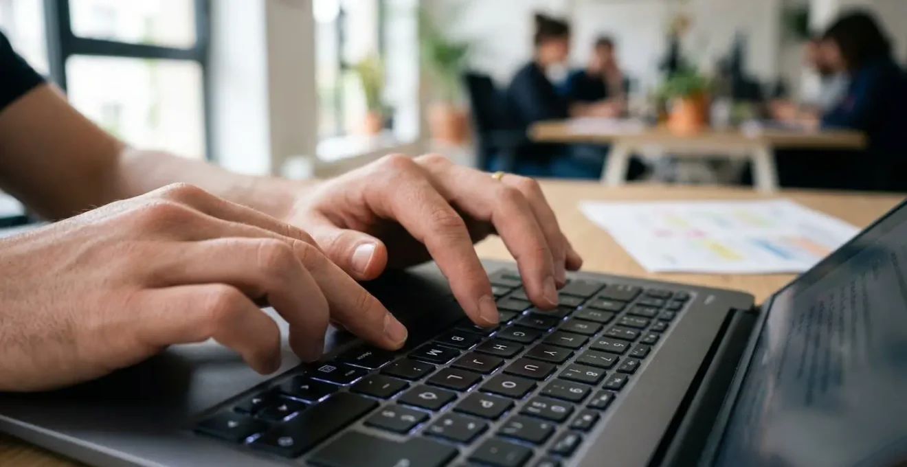 Gros plan sur des mains tapant sur un clavier d'ordinateur portable avec un document de planning visible en arrière-plan flou