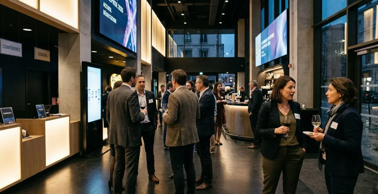 Groupe de professionnels en tenue business casual discutant debout dans un hall de cinéma moderne lors d'un cocktail, vus de profil